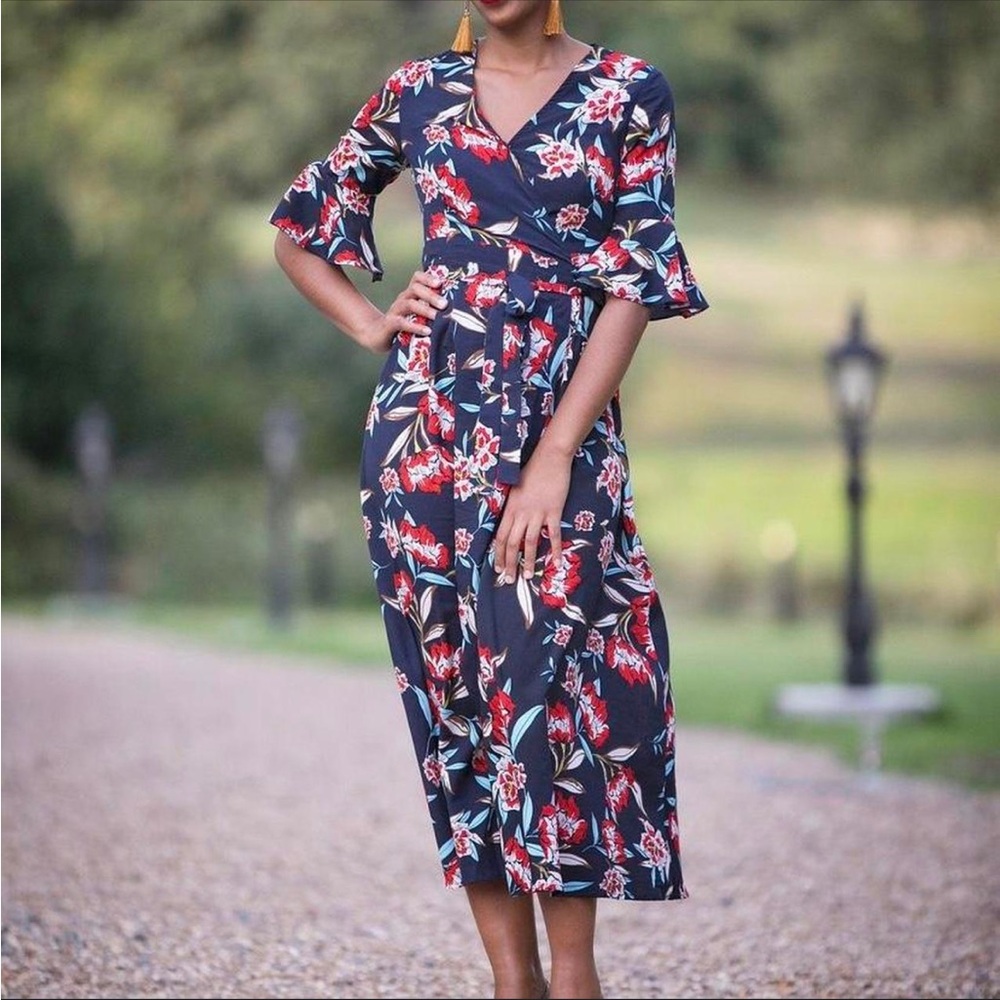 Runway Paris NWOT Blue and Red Midi Dress with V-Neck and Bell Sleeves